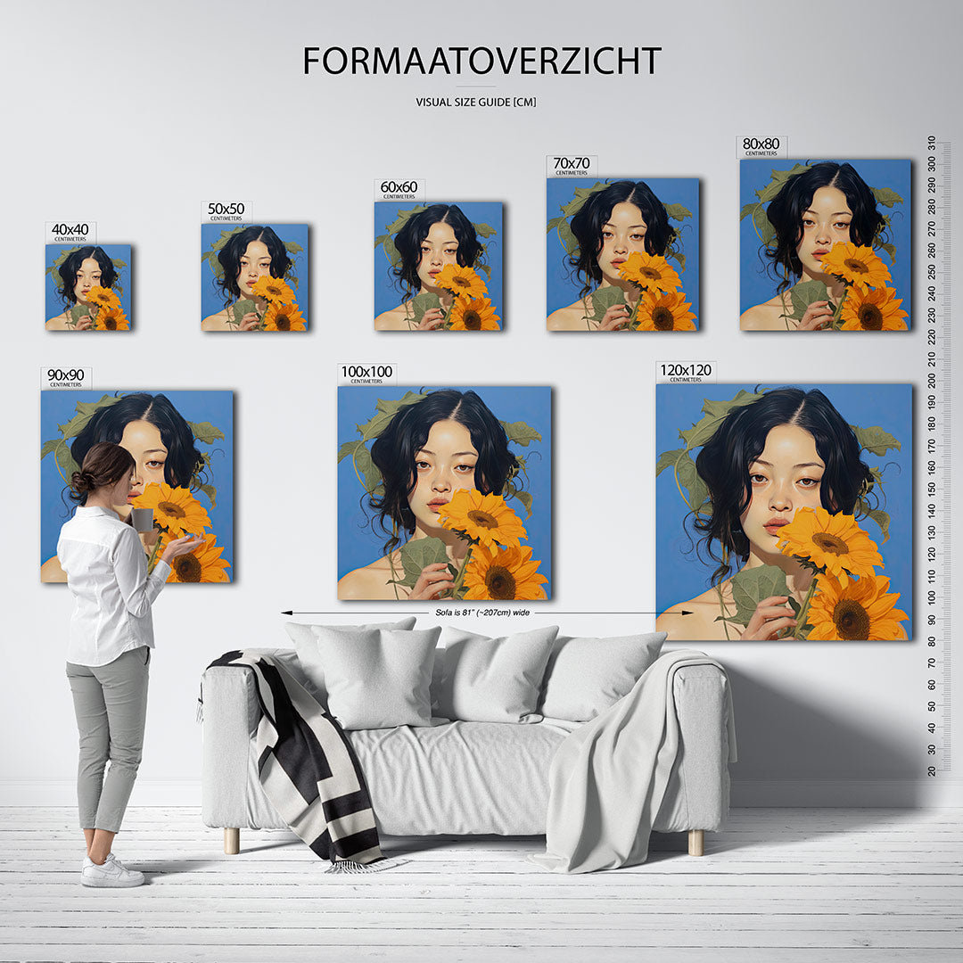 Vrouw met zonnebloemen Kunstwerk