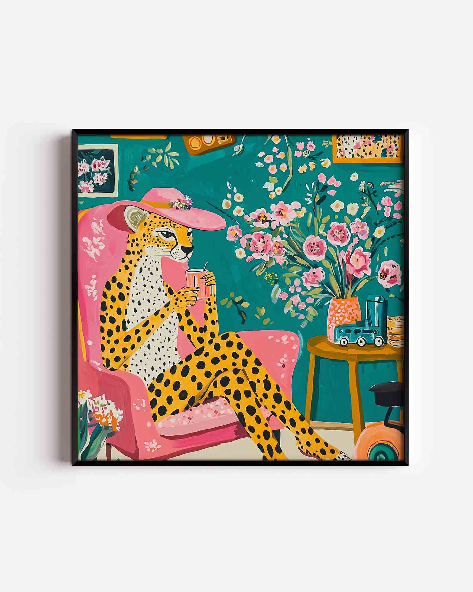 Luipaard met roze hoed Poster