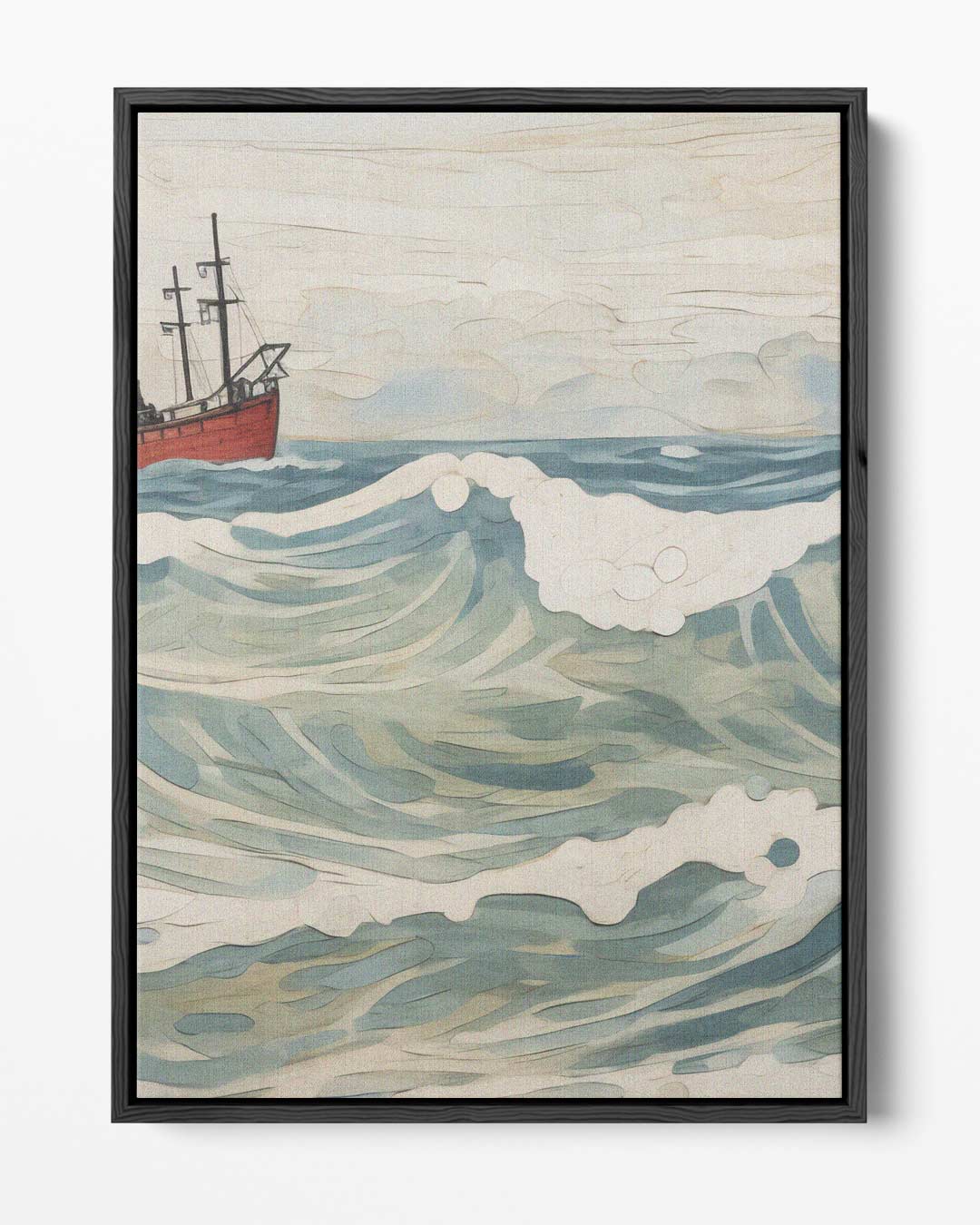 Golven van Avontuur: Rood Schip op Zee Kunstwerk-canvas-dibond-plexiglas-wanddecoratie-WallArtistic