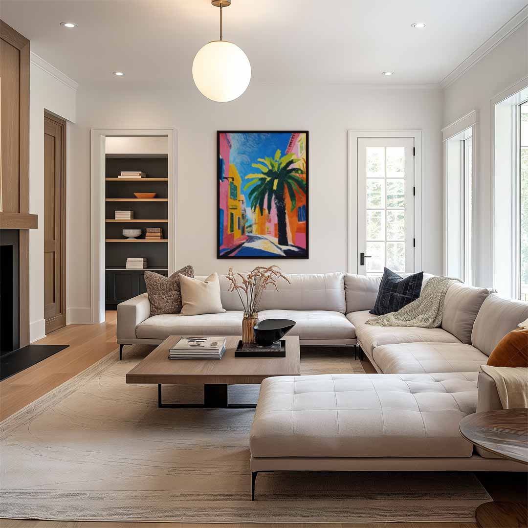 Zomerse Straat met Palmboom Kunstwerk-canvas-dibond-plexiglas-wanddecoratie-WallArtistic