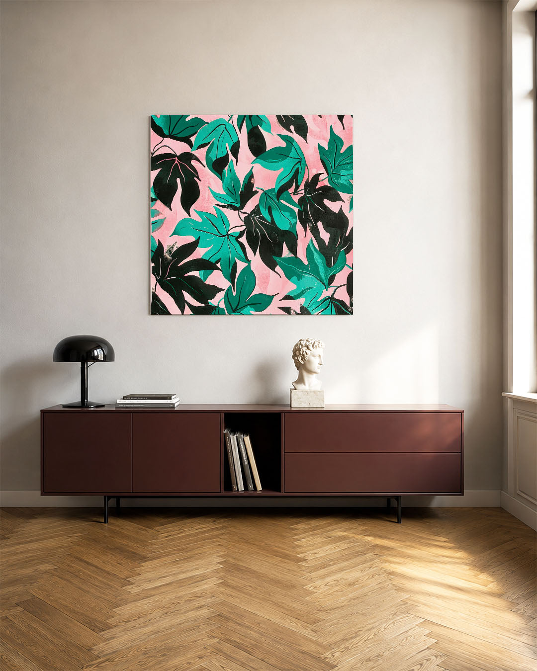 Bladmotief op roze Kunstwerk
