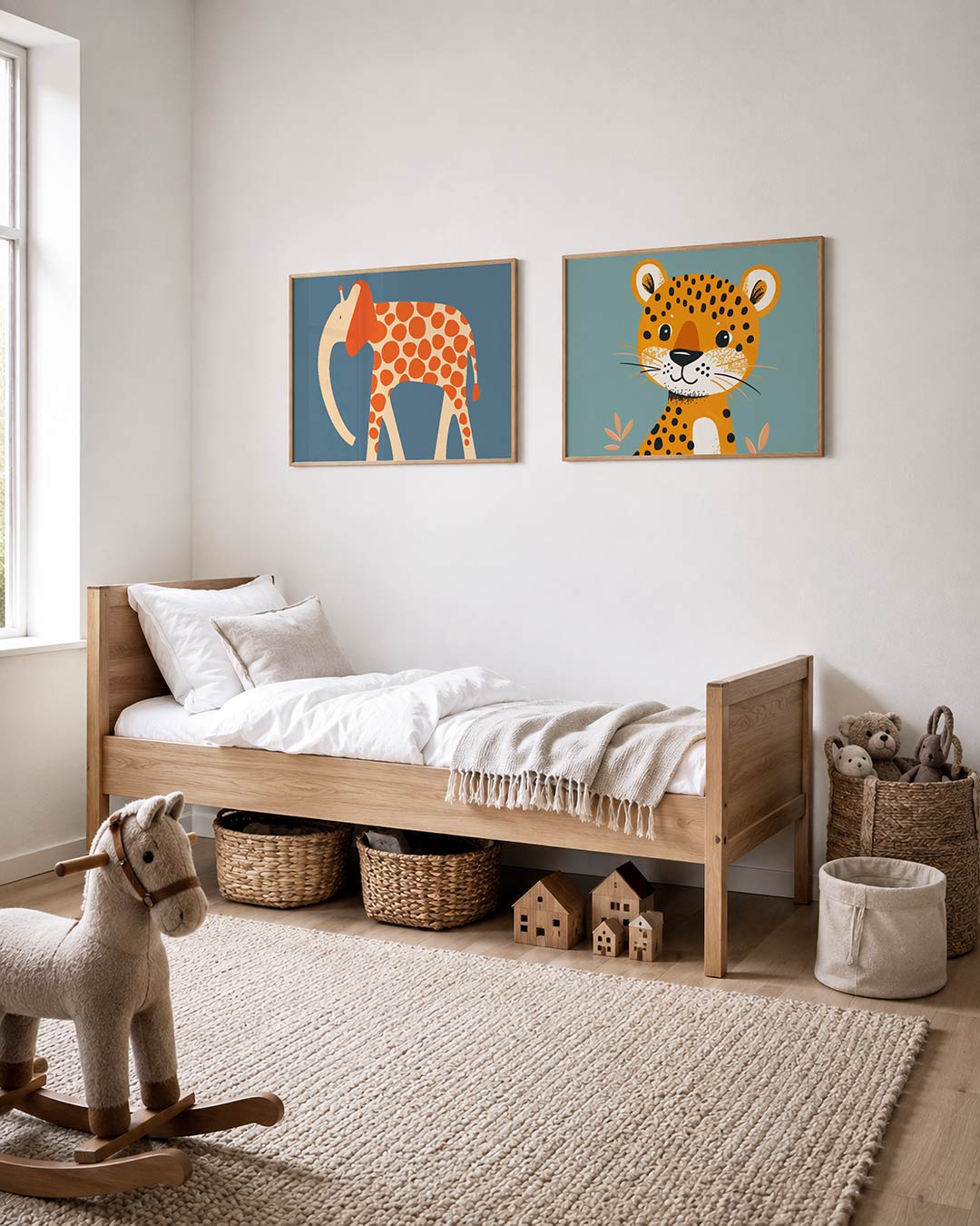 Twee liggende posters met een speelse olifant met oranje stippen op een beige lichaam, aan de muur in een interieur