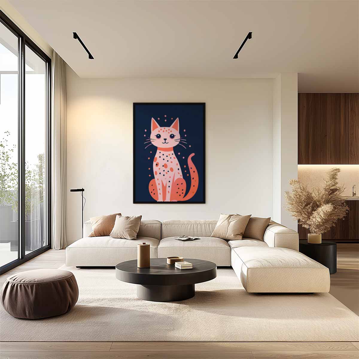 Vrolijke Kat Illustratie Kunstwerk-canvas-dibond-plexiglas-wanddecoratie-WallArtistic