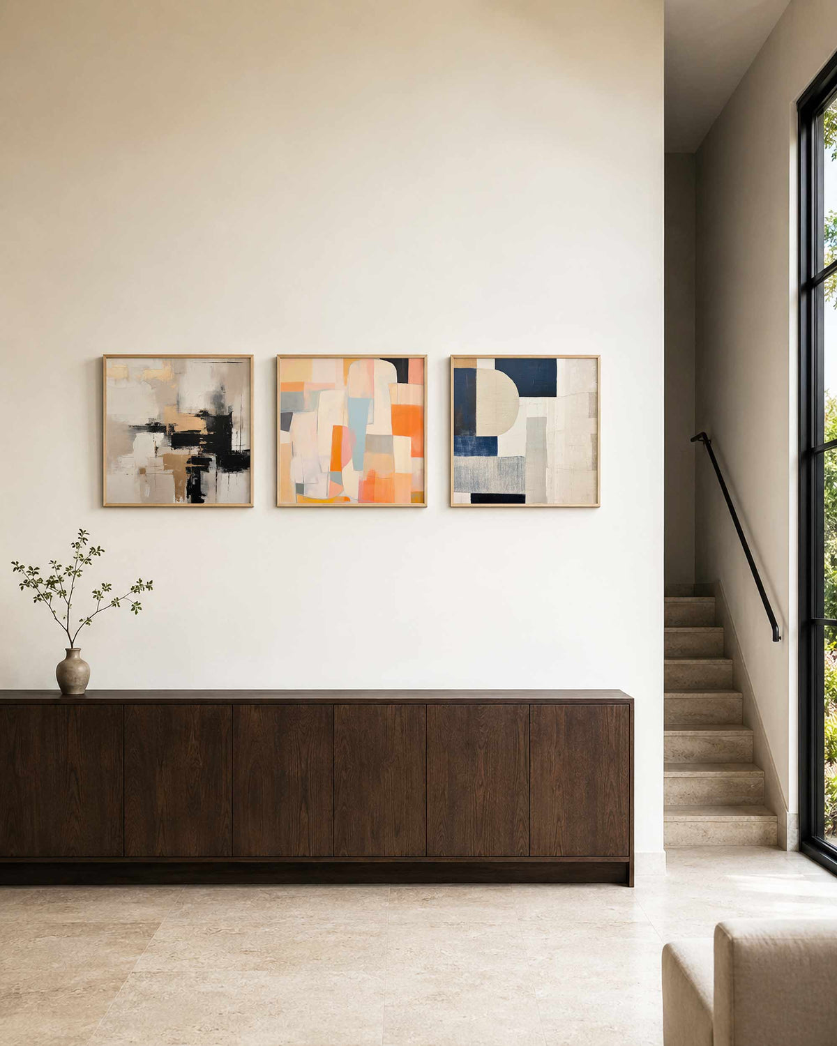 Interieurpresentatie van een driedelige vierkante posterset met abstracte vlakken