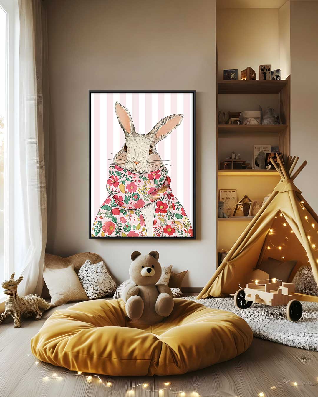 Stijlvolle Konijnenprint met Bloemendetail Kunstwerk-canvas-dibond-plexiglas-wanddecoratie-WallArtistic