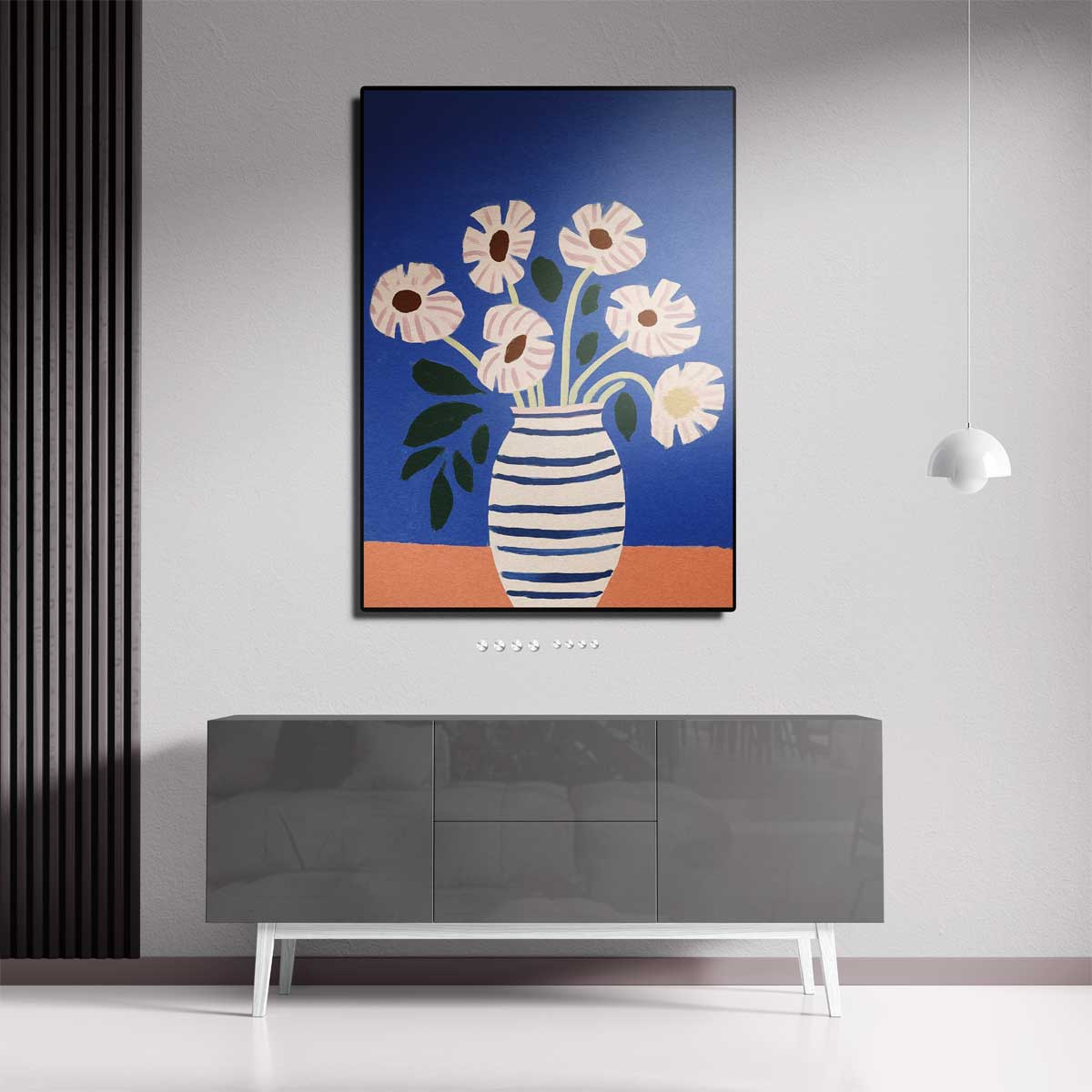 Stralende Bloemen in Gestreepte Vaas Kunstwerk-canvas-dibond-plexiglas-wanddecoratie-WallArtistic