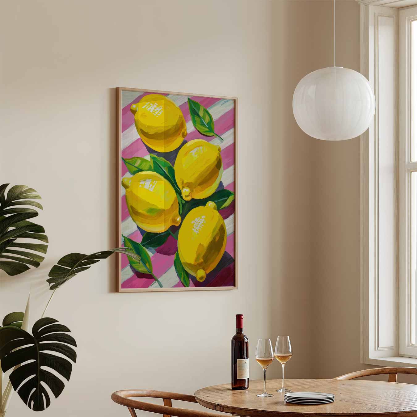 Vrolijke Citroenen op Roze Strepen Poster