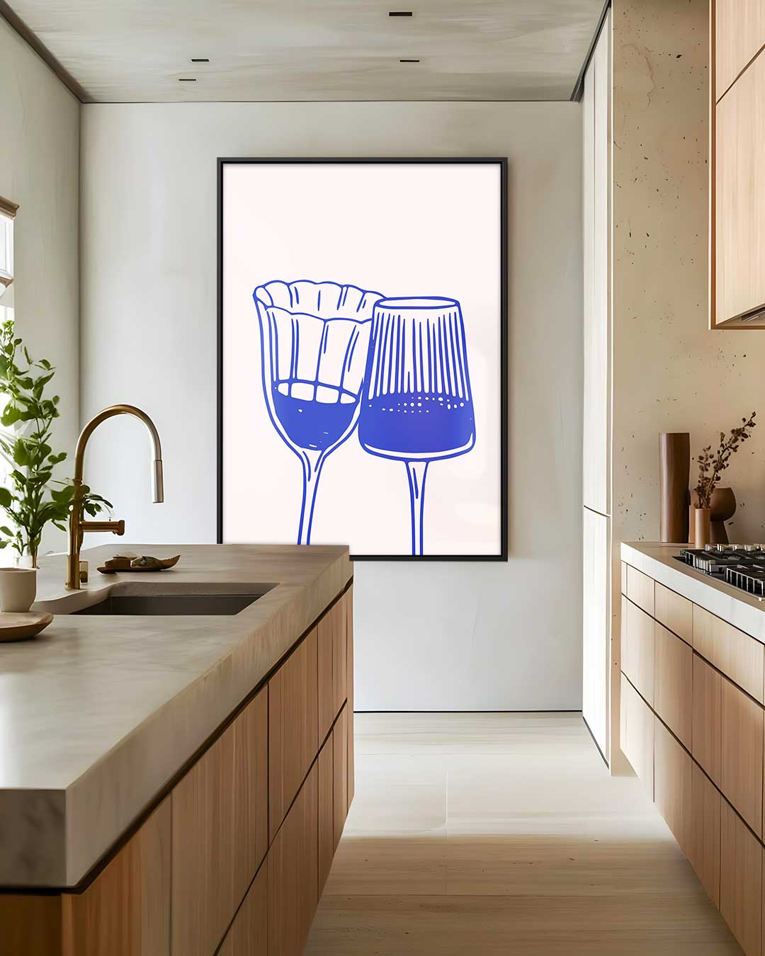 Elegante Blauw-witte Wijnglazen Illustratie Kunstwerk-canvas-dibond-plexiglas-wanddecoratie-WallArtistic