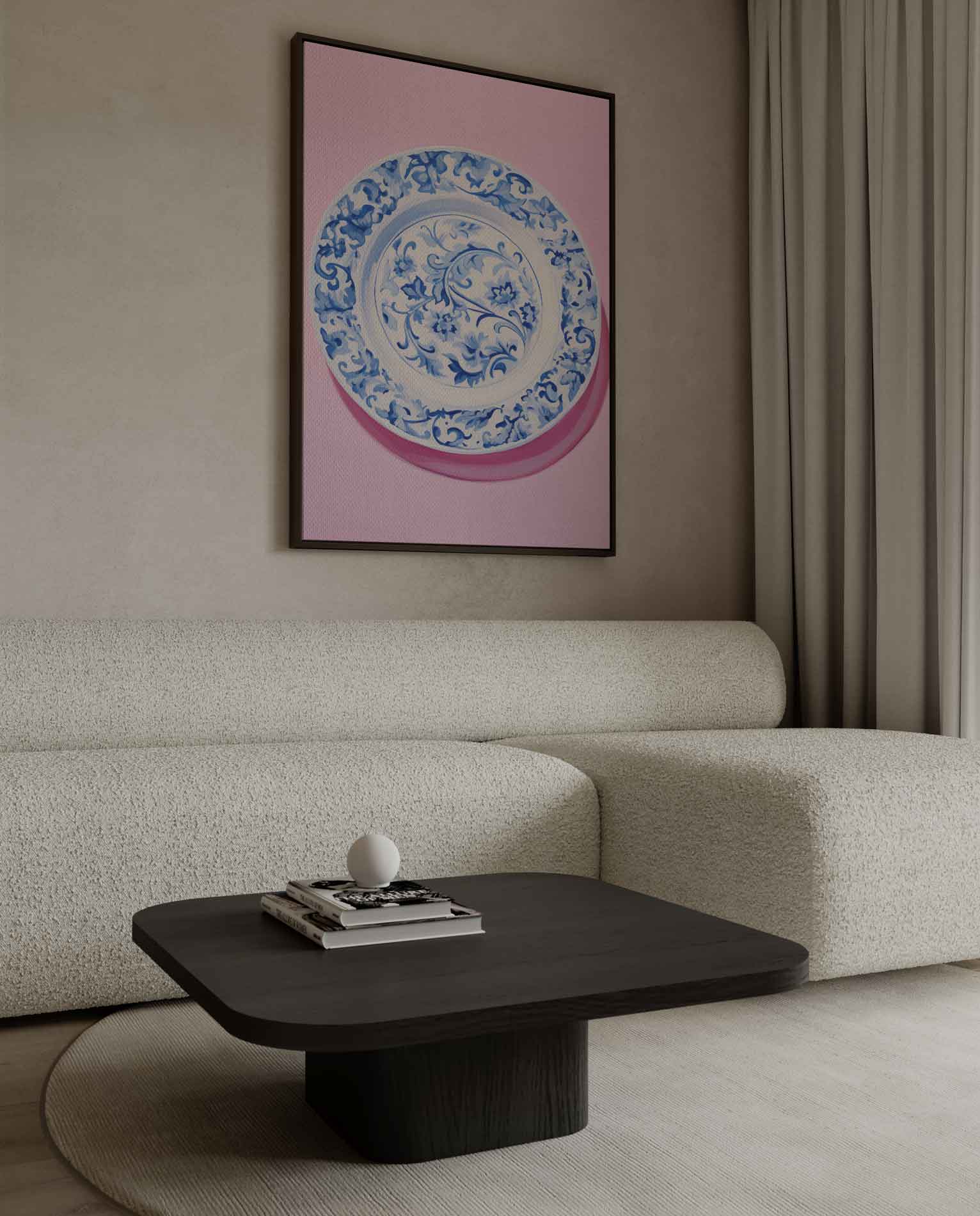 Blauwe Bloemenpracht op Roze Kunstwerk-canvas-dibond-plexiglas-wanddecoratie-WallArtistic