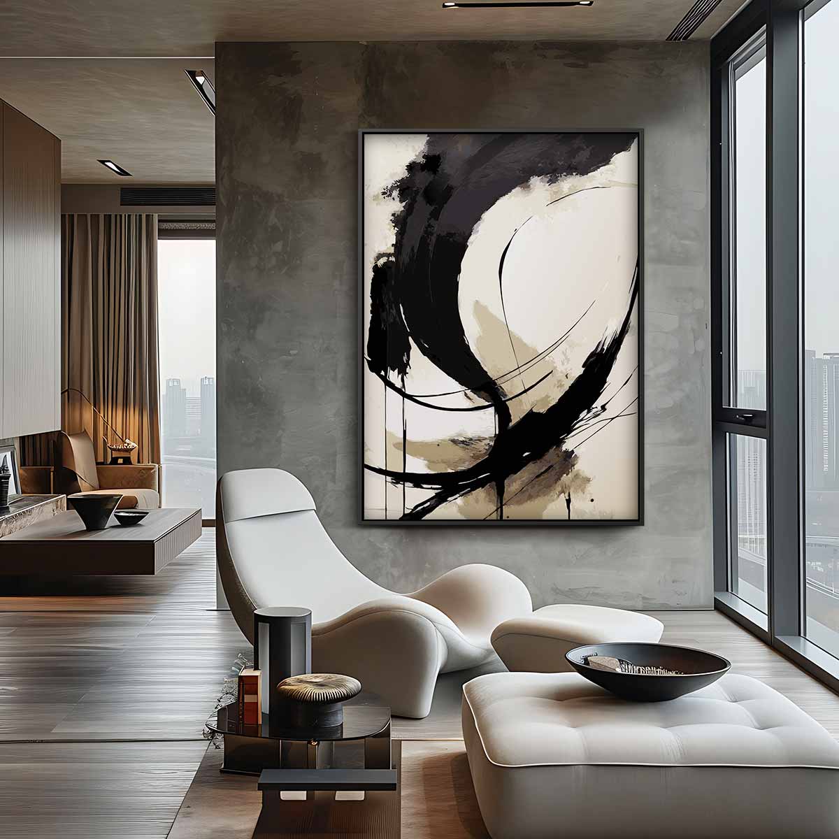 Abstracte Zwarte Kalligrafie Kunstwerk-canvas-dibond-plexiglas-wanddecoratie-WallArtistic