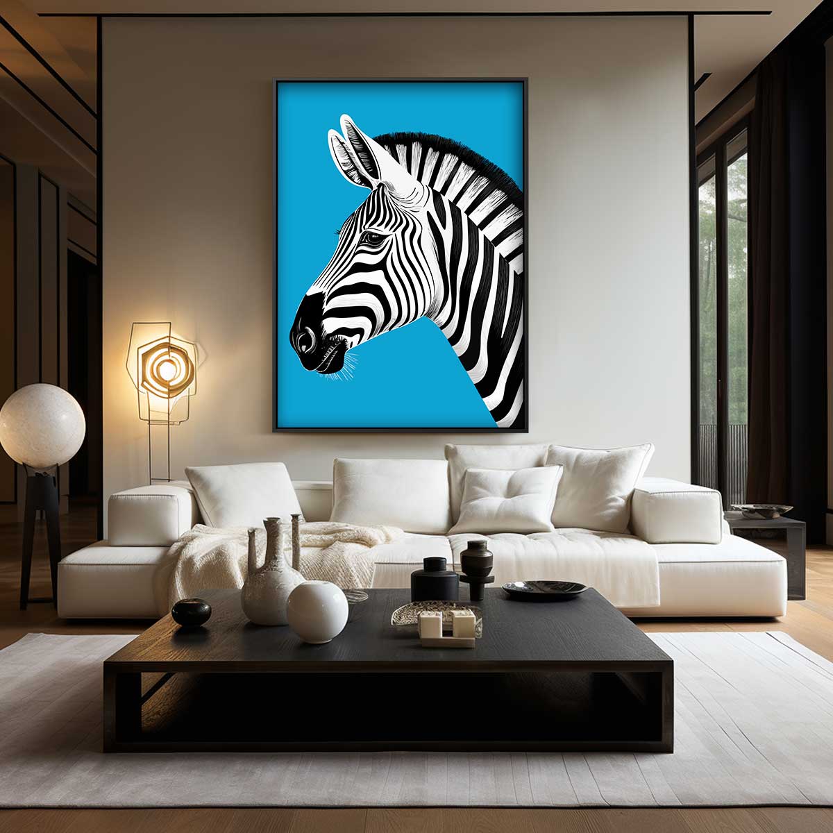 Zebra in het Blauw Kunstwerk-canvas-dibond-plexiglas-wanddecoratie-WallArtistic
