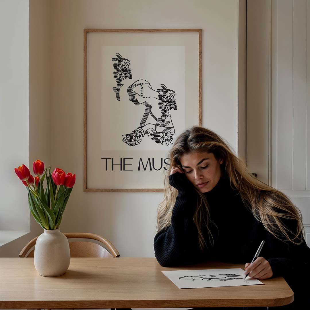The Muse Bloemenlijntekening Poster-WallArtistic