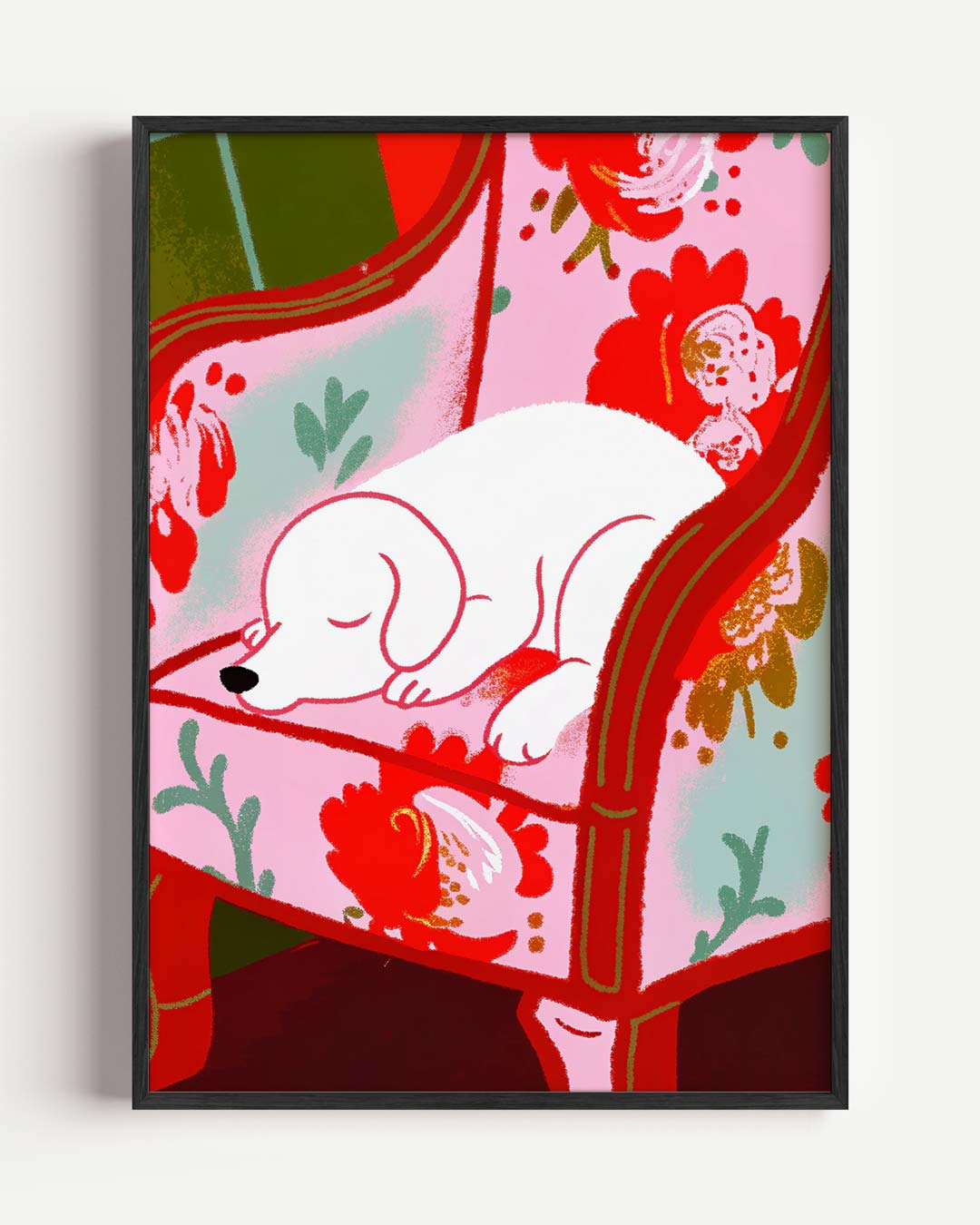 Cozy Hond op Bloemenstoel Poster