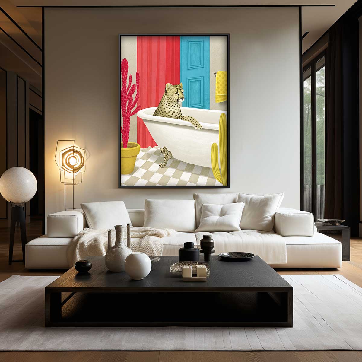 Luierende Luipaard in Stijlvol Bad Kunstwerk-canvas-dibond-plexiglas-wanddecoratie-WallArtistic
