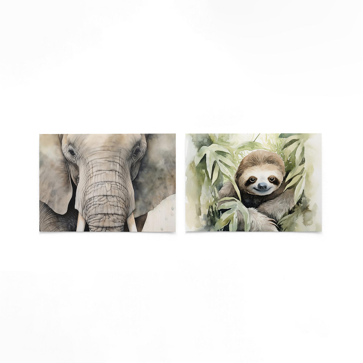 Twee liggende posters met een close-up van een olifant met gedetailleerde huidtexturen op een gebroken witte achtergrond