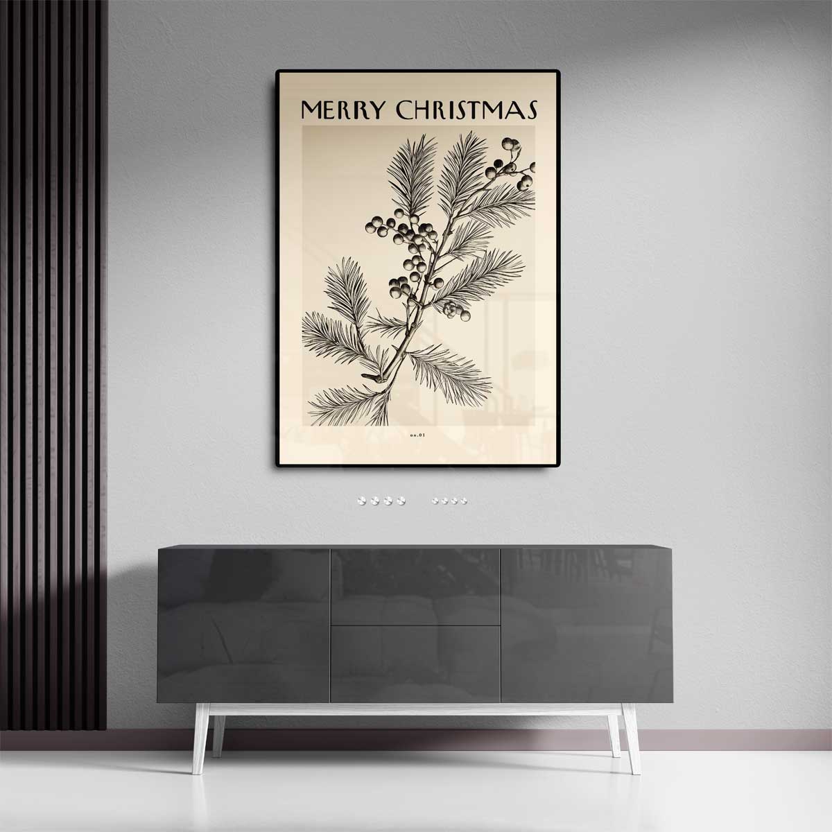 Vintage Kerstkaart met Dennen en Bessen Kunstwerk-canvas-dibond-plexiglas-wanddecoratie-WallArtistic
