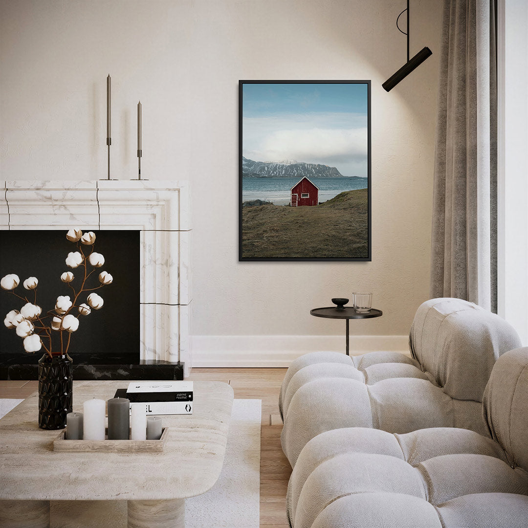 Rood huisje aan zee Kunstwerk