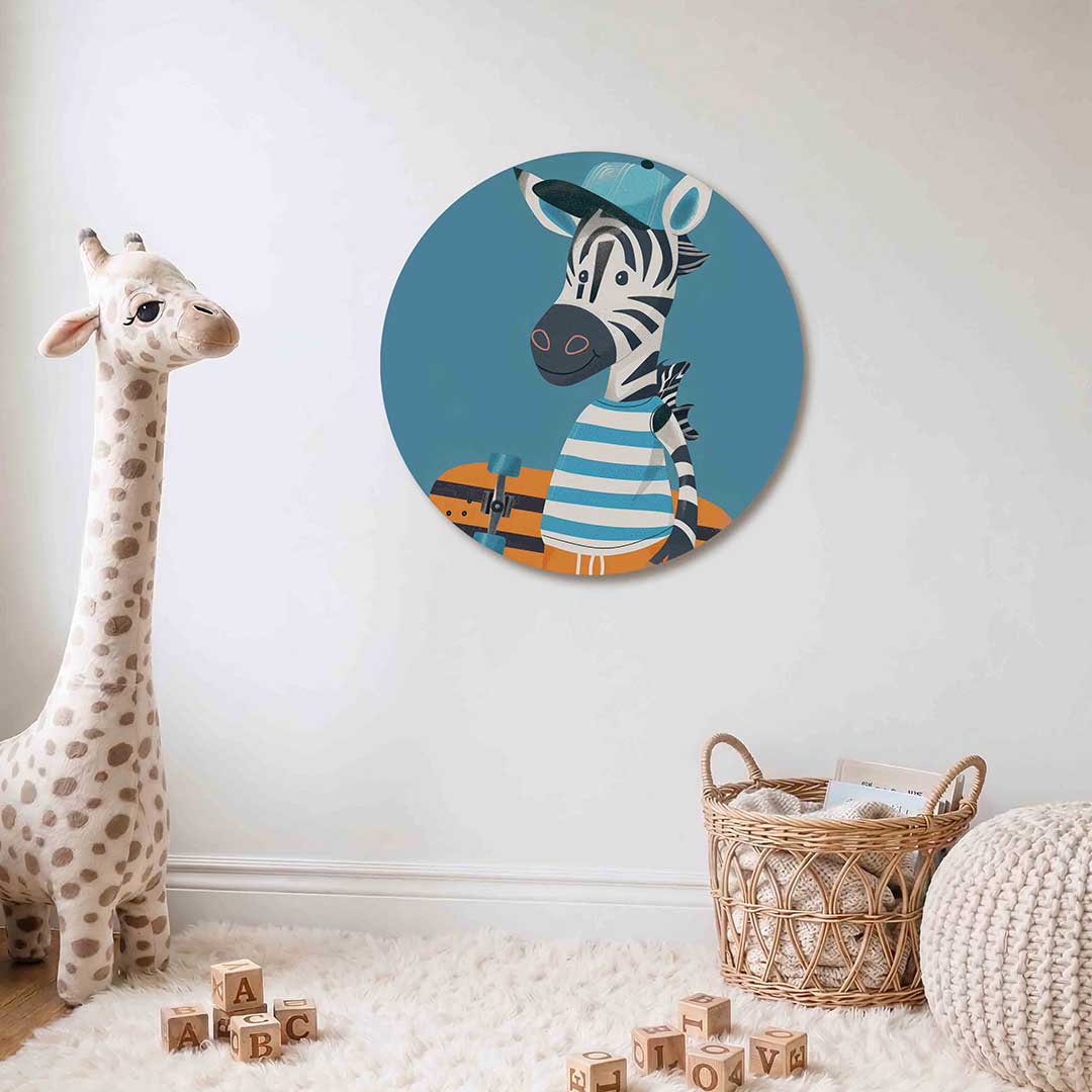 Zebra met skateboard Muurcirkel