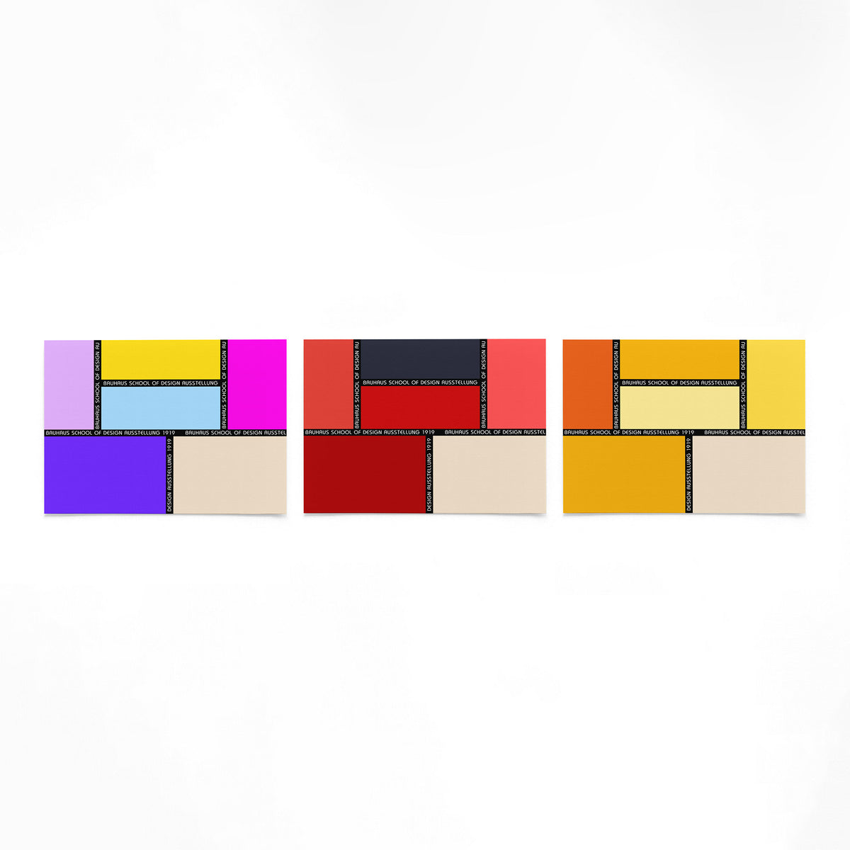 Drie landscape posters met kleurvlakken met letters als vrijstaande productfoto
