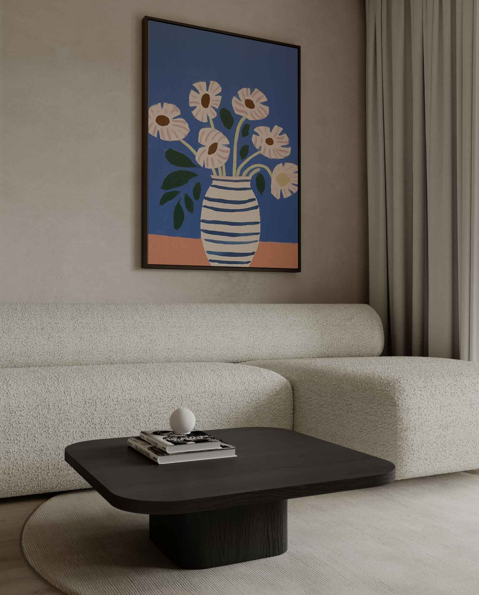 Stralende Bloemen in Gestreepte Vaas Kunstwerk-canvas-dibond-plexiglas-wanddecoratie-WallArtistic