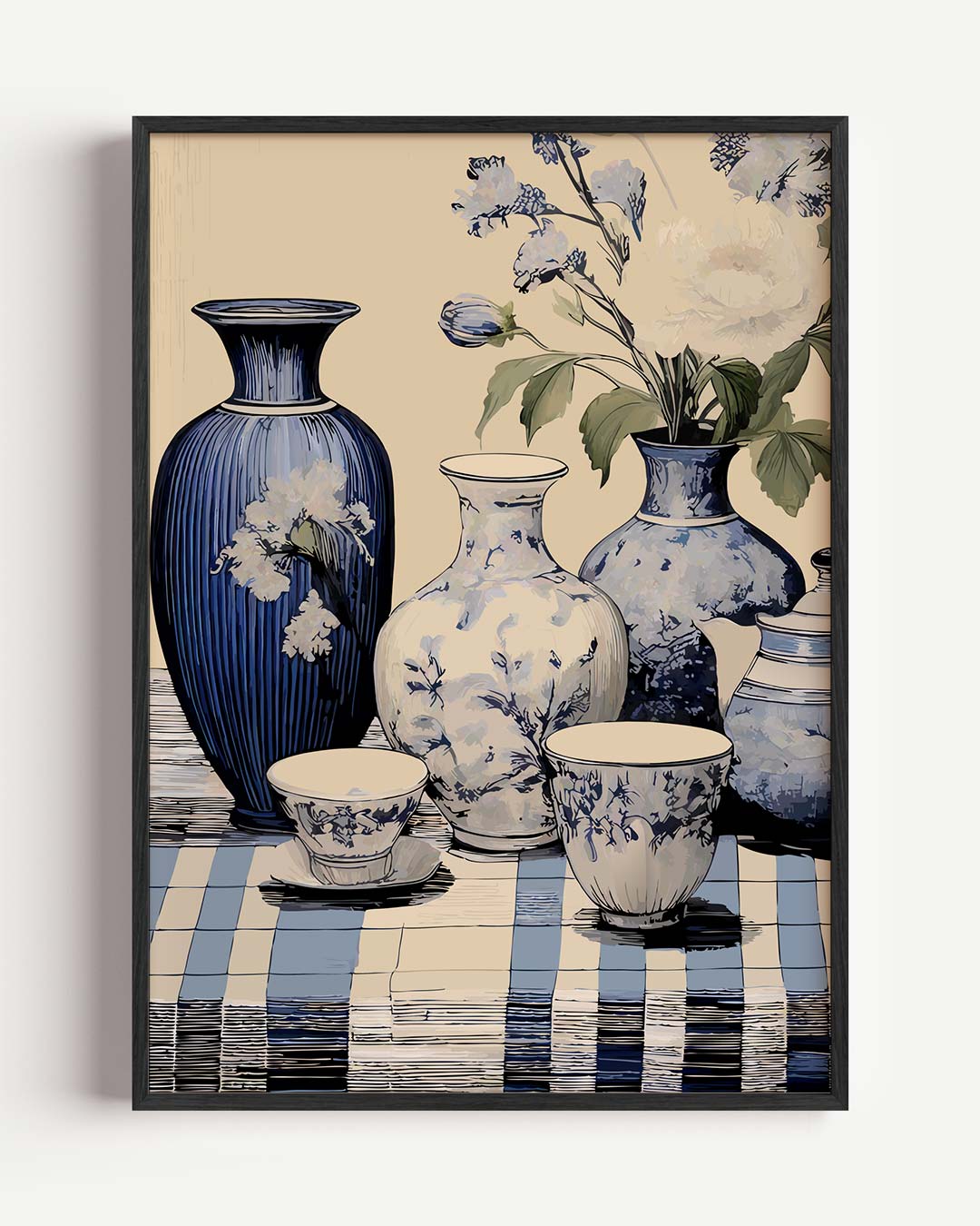 Elegant Blauwe Vaas Bloemen Poster
