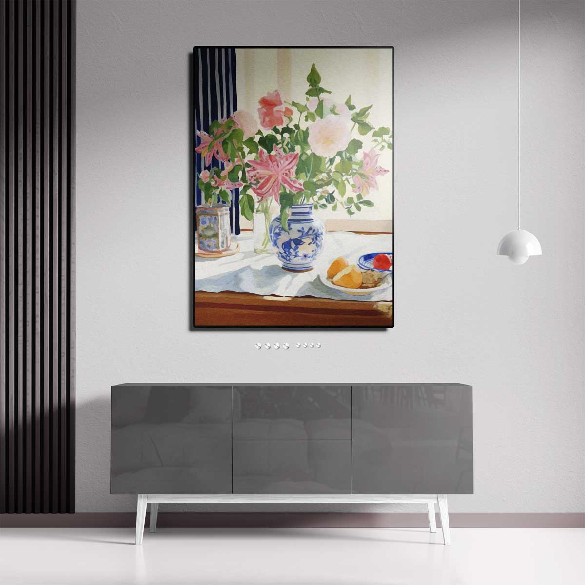 Zomers Bloemenboeket in Blauwe Vaas Kunstwerk-canvas-dibond-plexiglas-wanddecoratie-WallArtistic