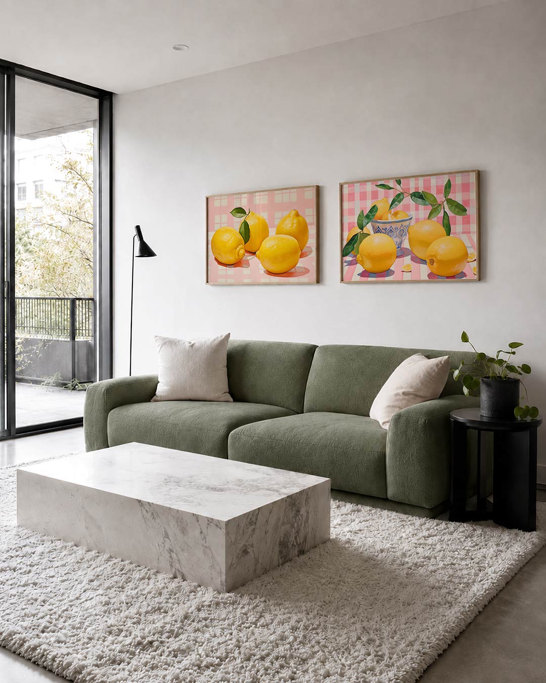 Twee liggende posters met vier gele citroenen, groene bladeren en een zachtroze ruitpatroon, aan de muur in een interieur