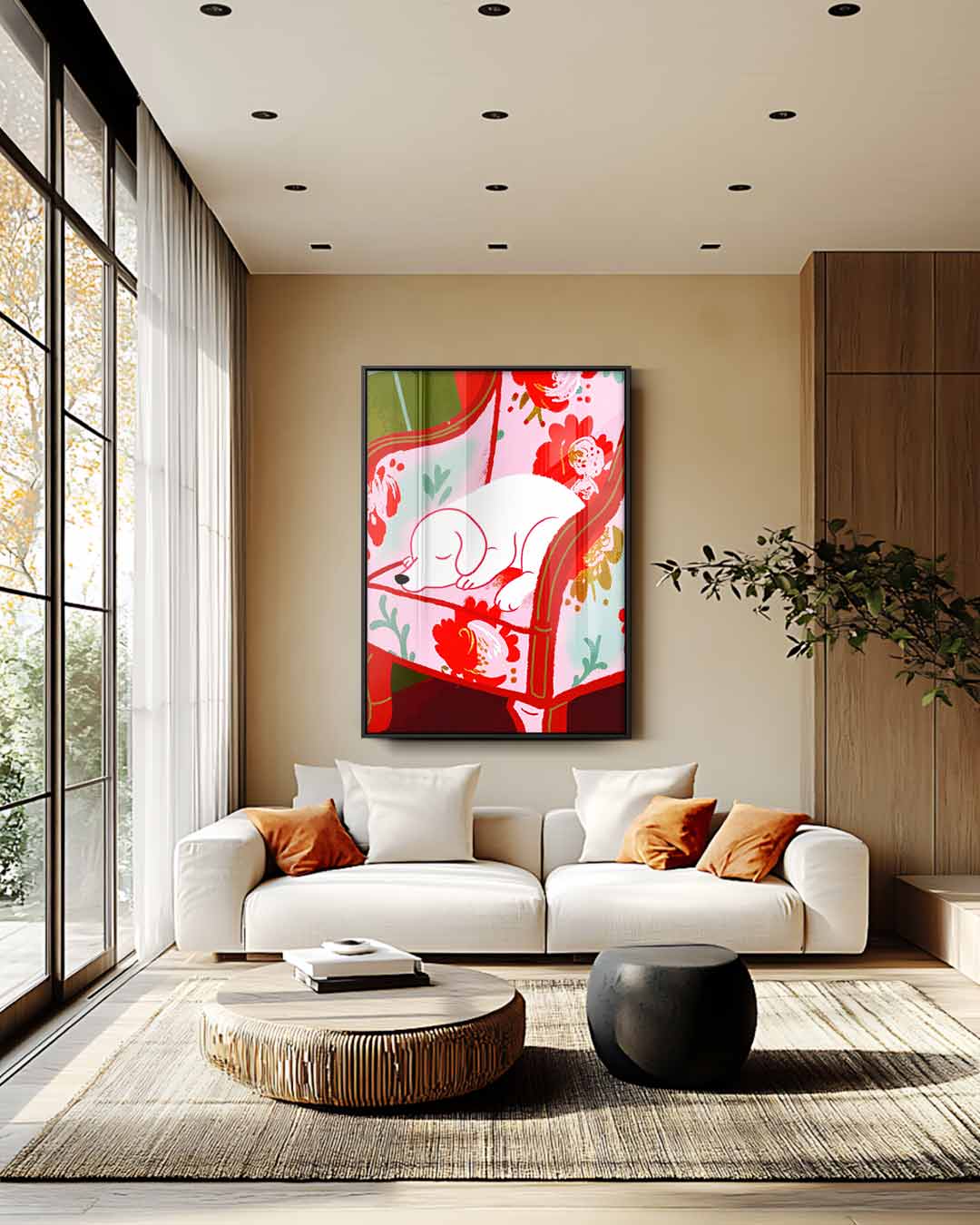 Dromerige Pup op Bloemenstoel Kunstwerk-canvas-dibond-plexiglas-wanddecoratie-WallArtistic