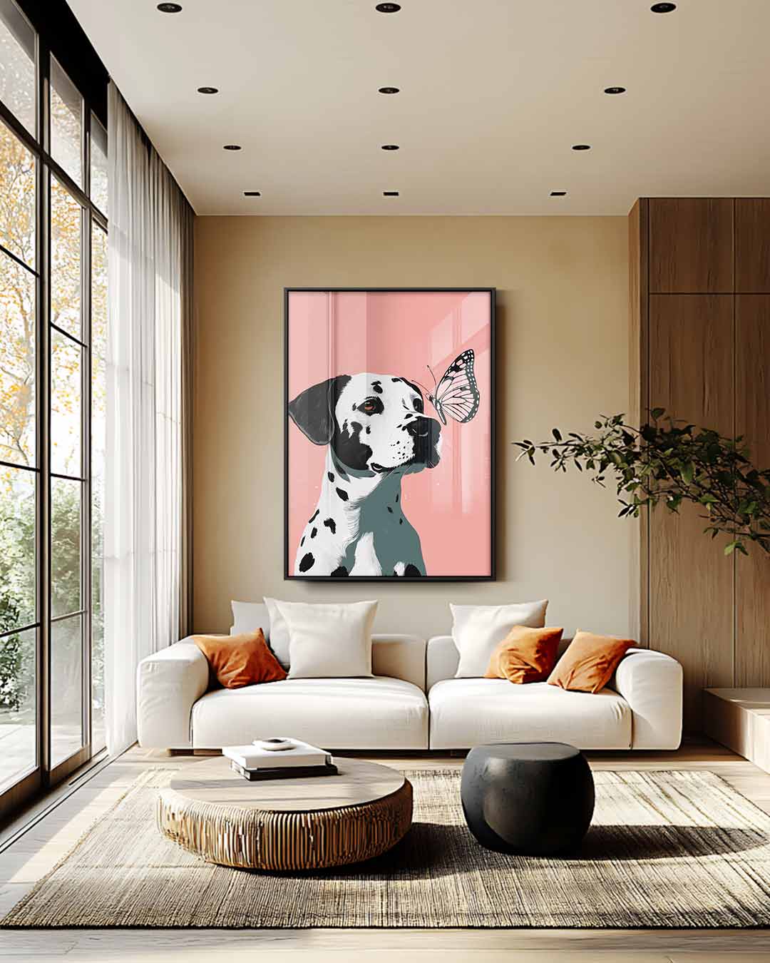 Dalmatier en Vlinder Vriendschap Kunstwerk-canvas-dibond-plexiglas-wanddecoratie-WallArtistic