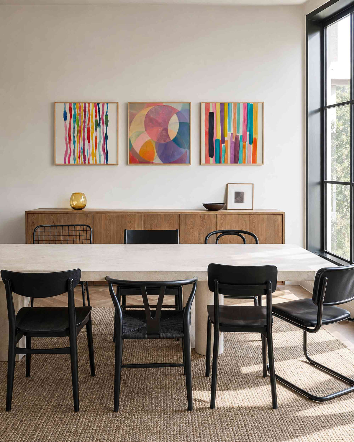 Interieurpresentatie van een driedelige vierkante posterset met kleurrijke abstracte