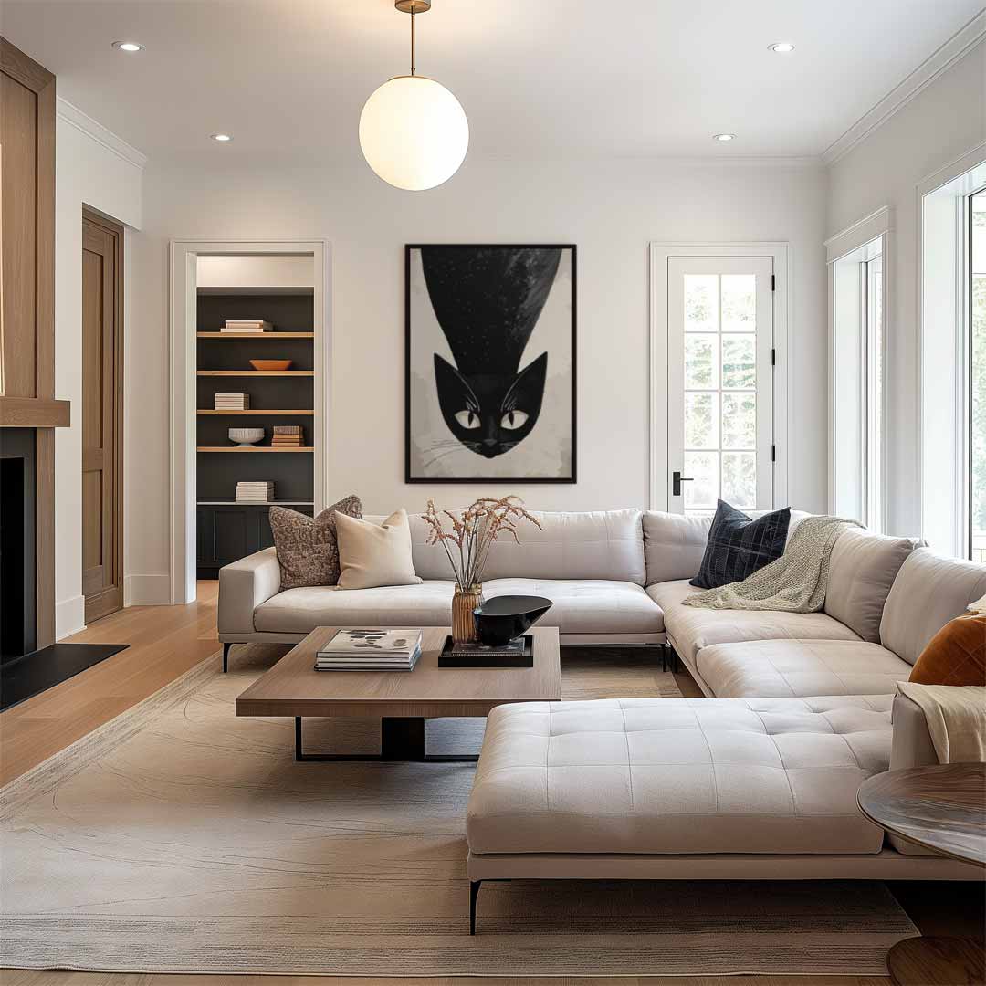 Mystieke Kat in Zwart-Wit Kunstwerk-canvas-dibond-plexiglas-wanddecoratie-WallArtistic