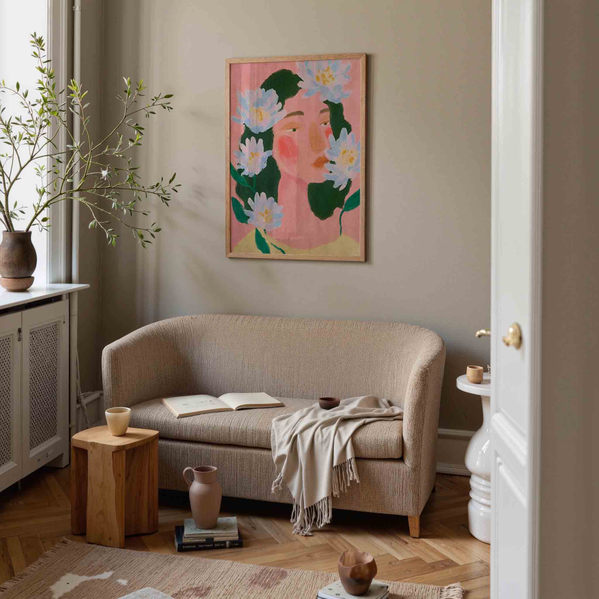 Bloemen en gezicht Poster