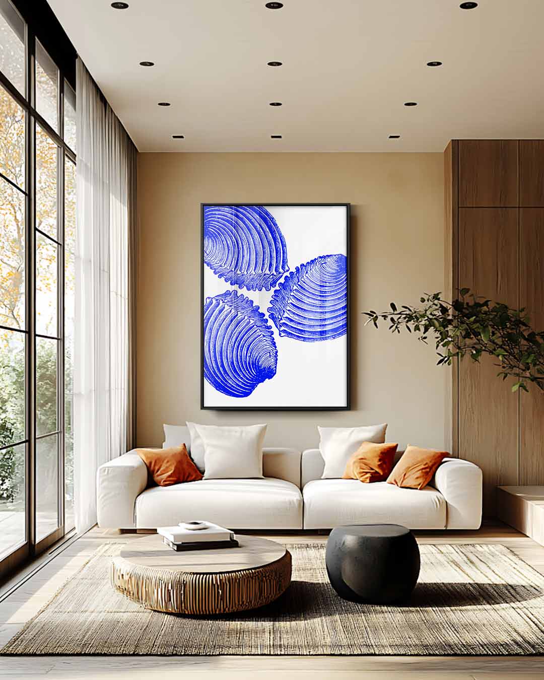 Blauwe Schelp Trio Kunstwerk Kunstwerk-canvas-dibond-plexiglas-wanddecoratie-WallArtistic