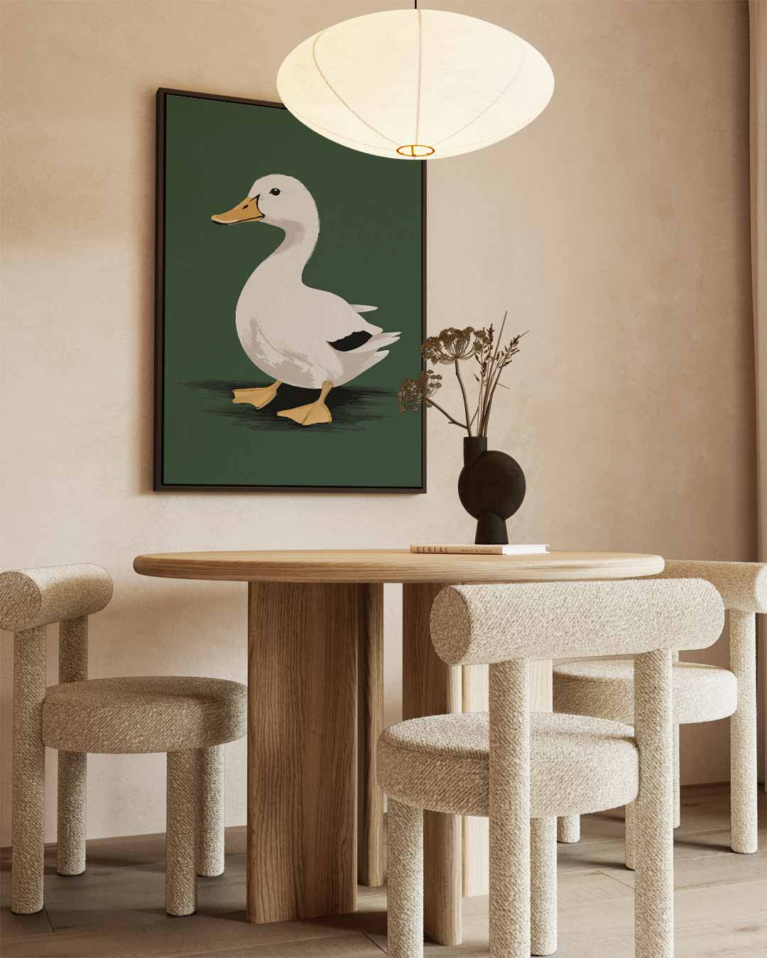 Vrolijke Eend op Donkergroene Achtergrond Kunstwerk-canvas-dibond-plexiglas-wanddecoratie-WallArtistic