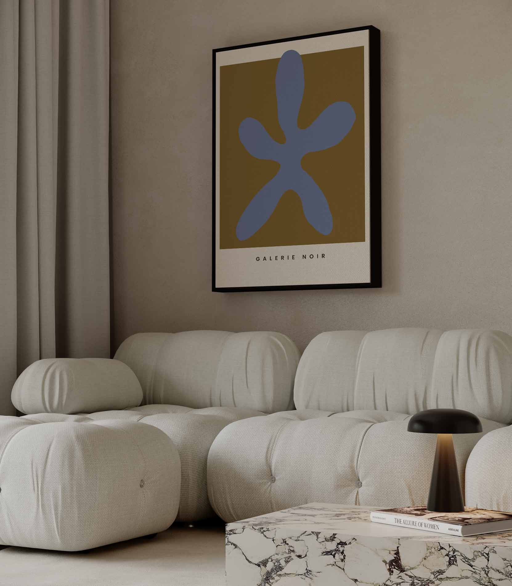 Blauwe Abstracte Vormen op Oker Kunstwerk-canvas-dibond-plexiglas-wanddecoratie-WallArtistic