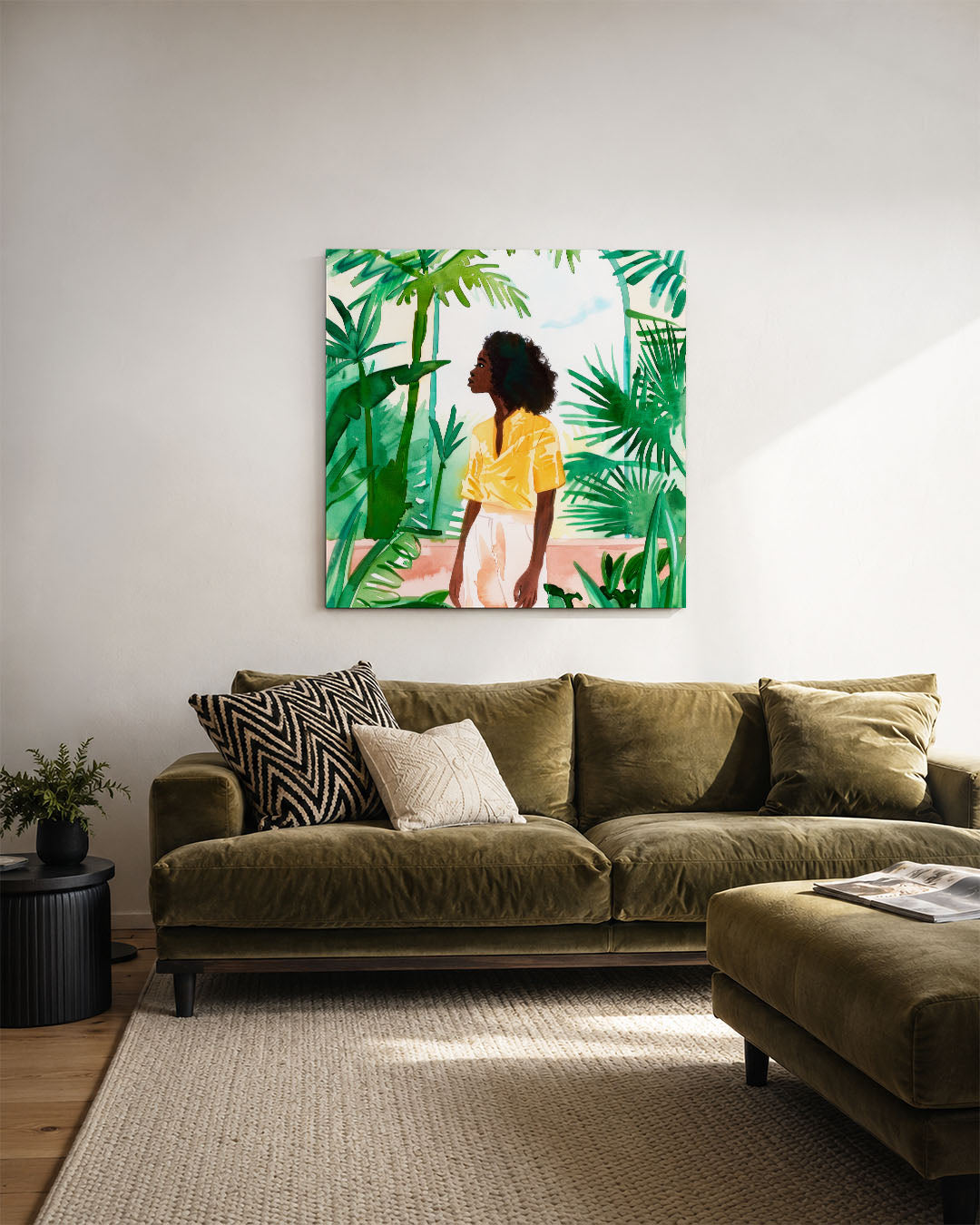 Vrouw in tropisch groen Kunstwerk
