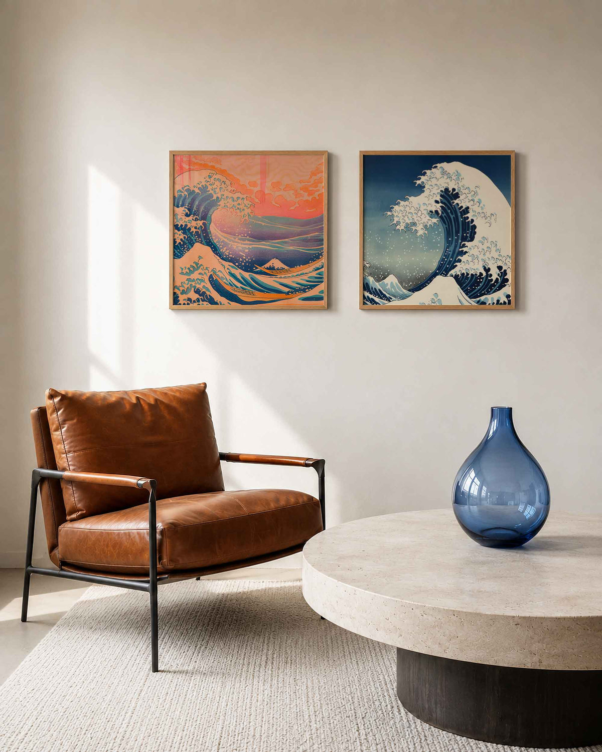 Interieurpresentatie van een tweedelige vierkante posterset met japanse golven