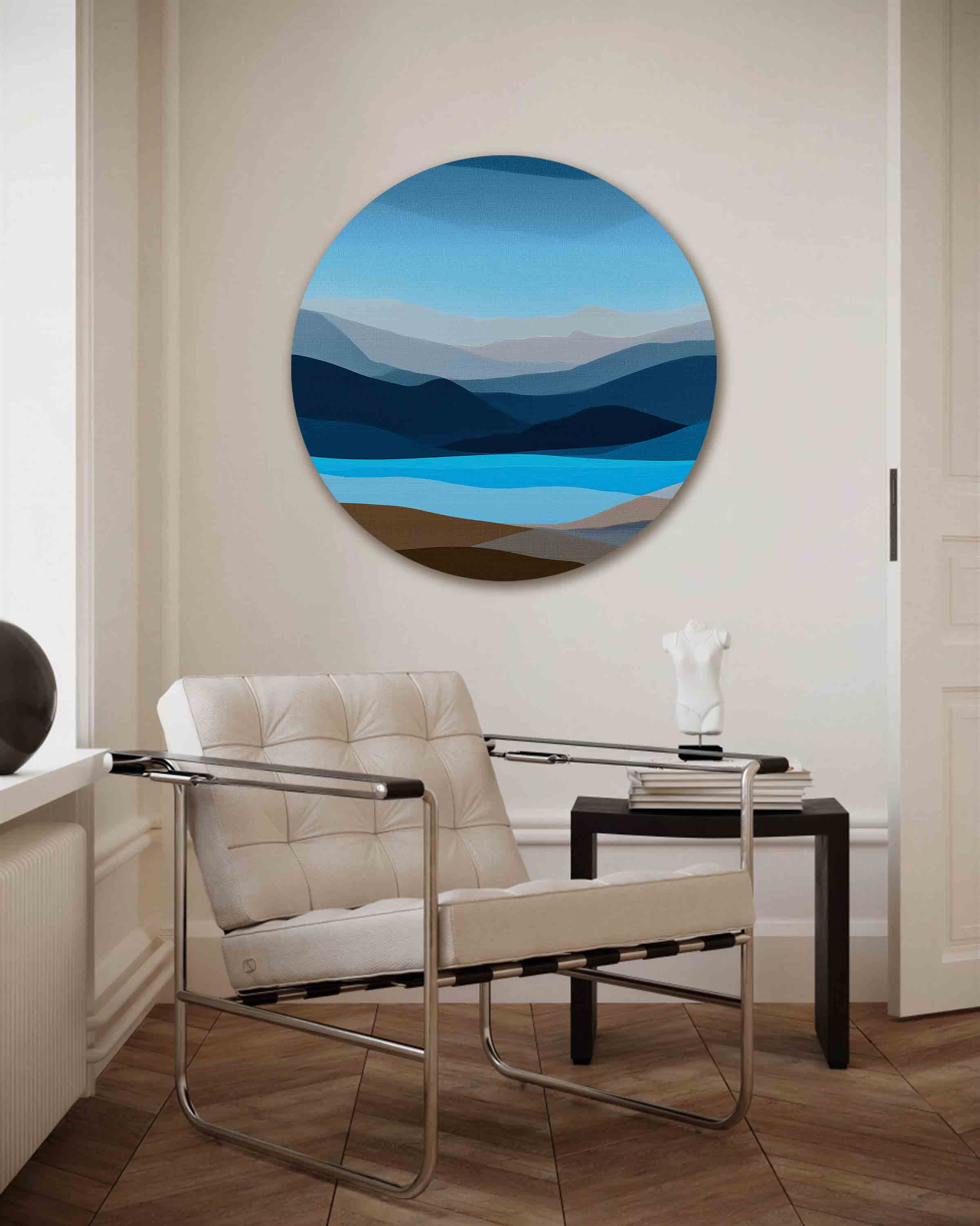 Landschap in blauw en bruin Muurcirkel