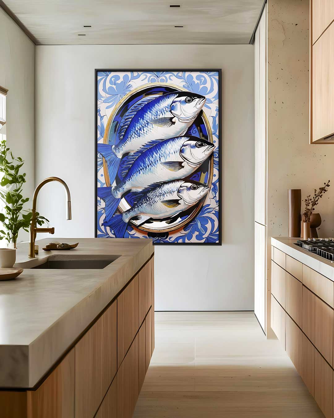 Blauwe Vissen op Bord Kunstwerk Kunstwerk-canvas-dibond-plexiglas-wanddecoratie-WallArtistic