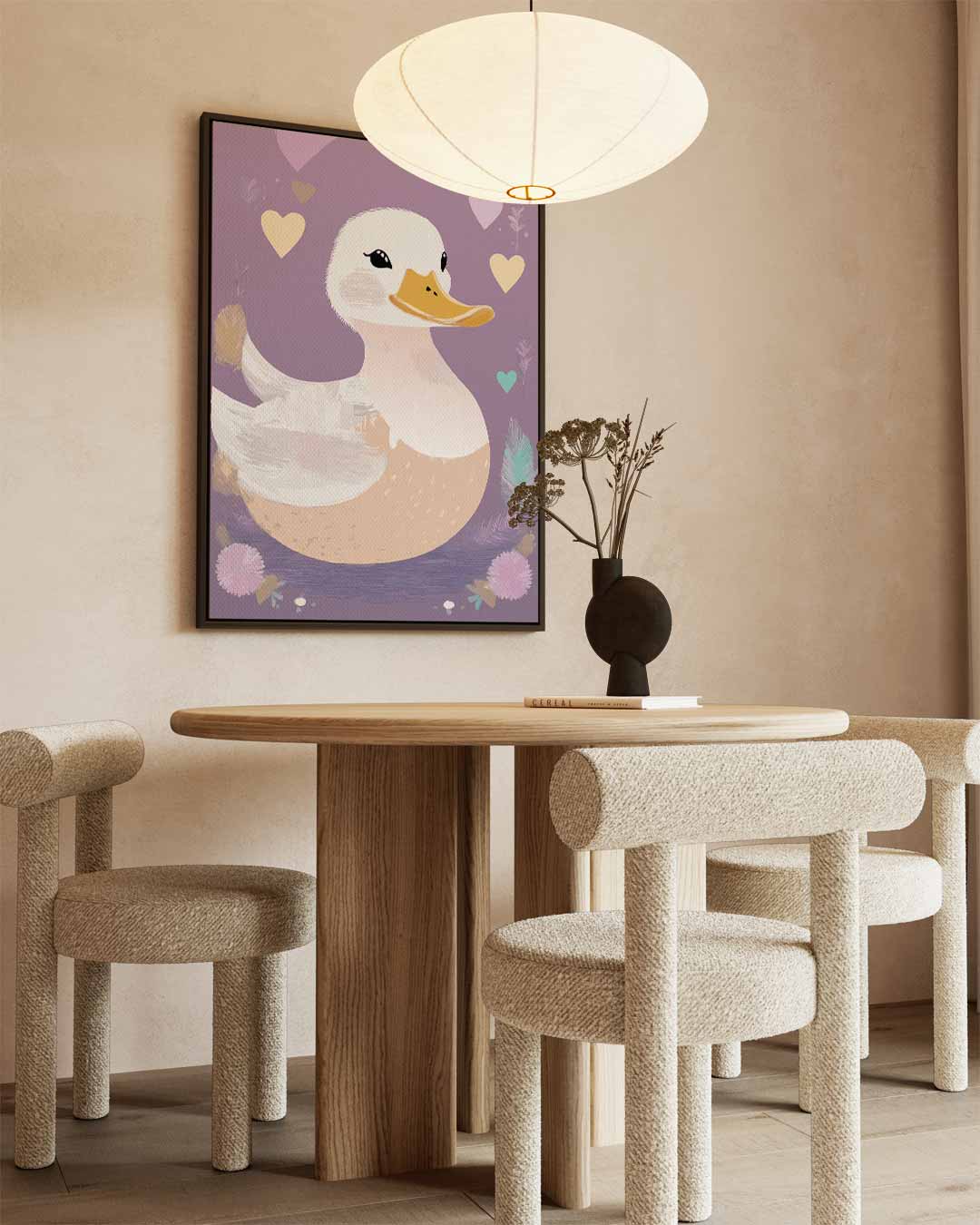 Schattige Eend op Paarse Achtergrond Kunstwerk-canvas-dibond-plexiglas-wanddecoratie-WallArtistic