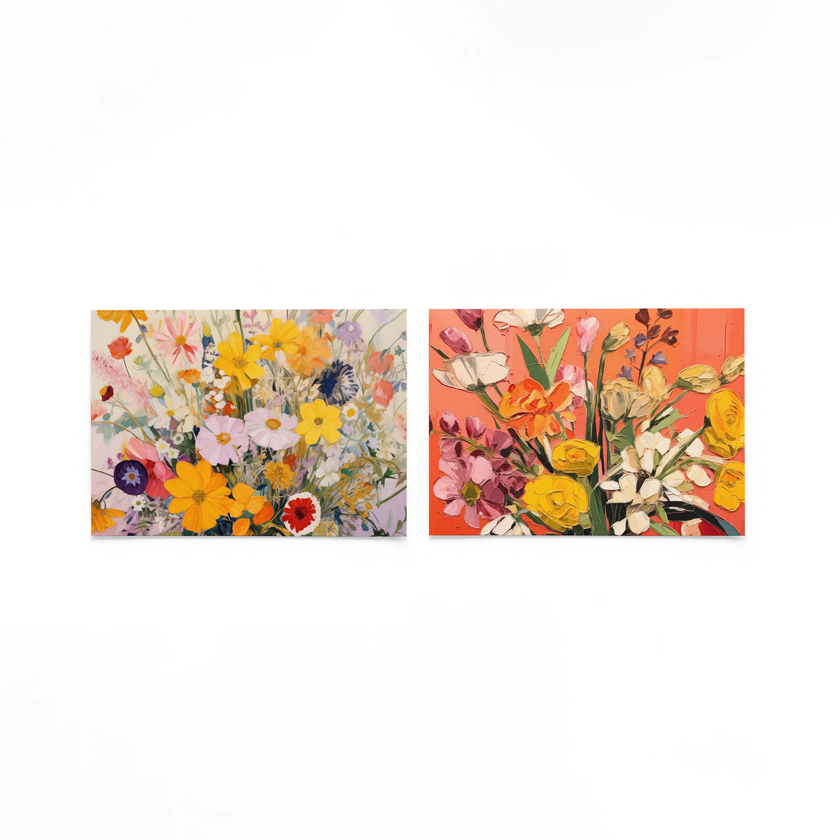 Twee liggende posters met een levendig boeket met een mix op een gebroken witte achtergrond