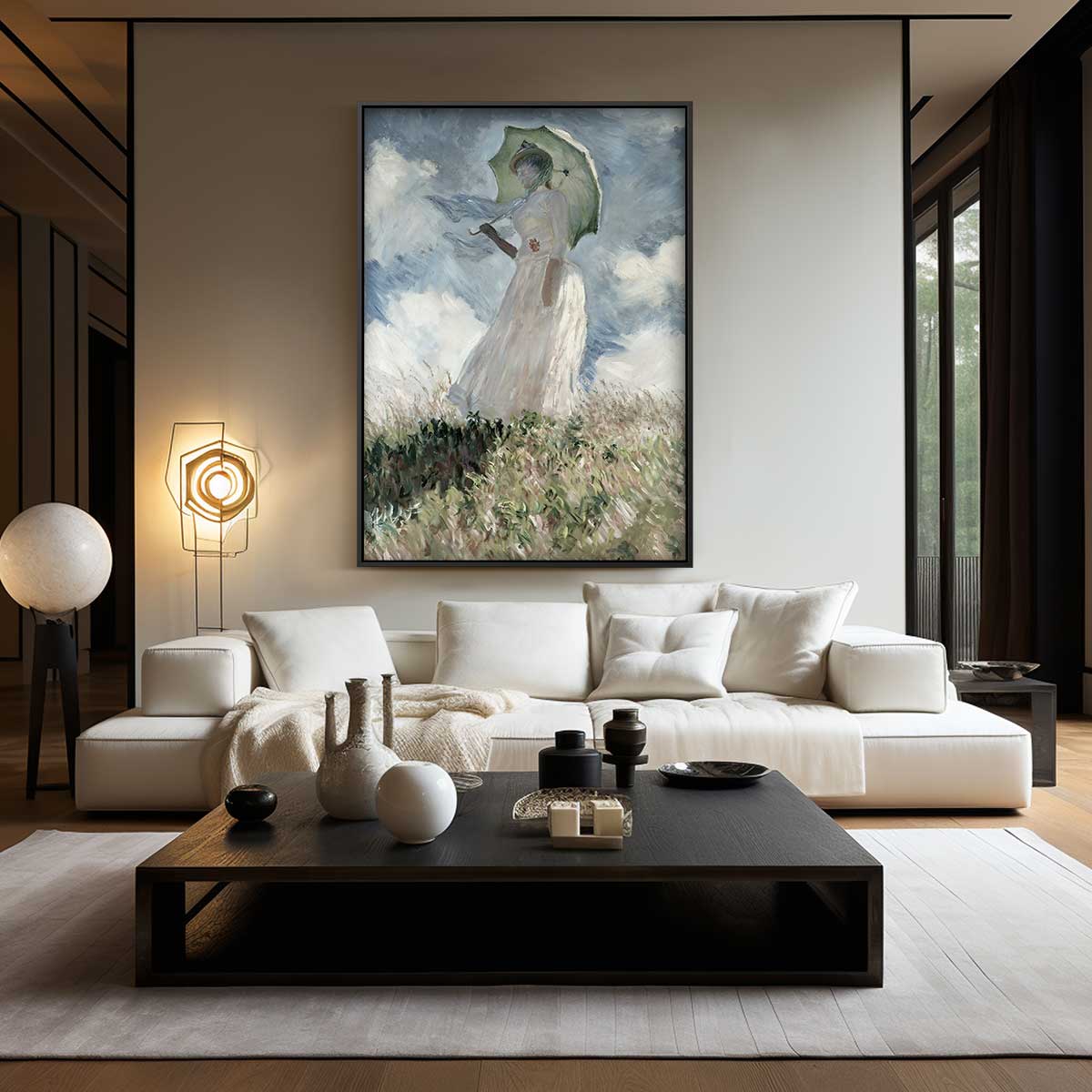 Vrouw met Paraplu in het Veld Kunstwerk-canvas-dibond-plexiglas-wanddecoratie-WallArtistic
