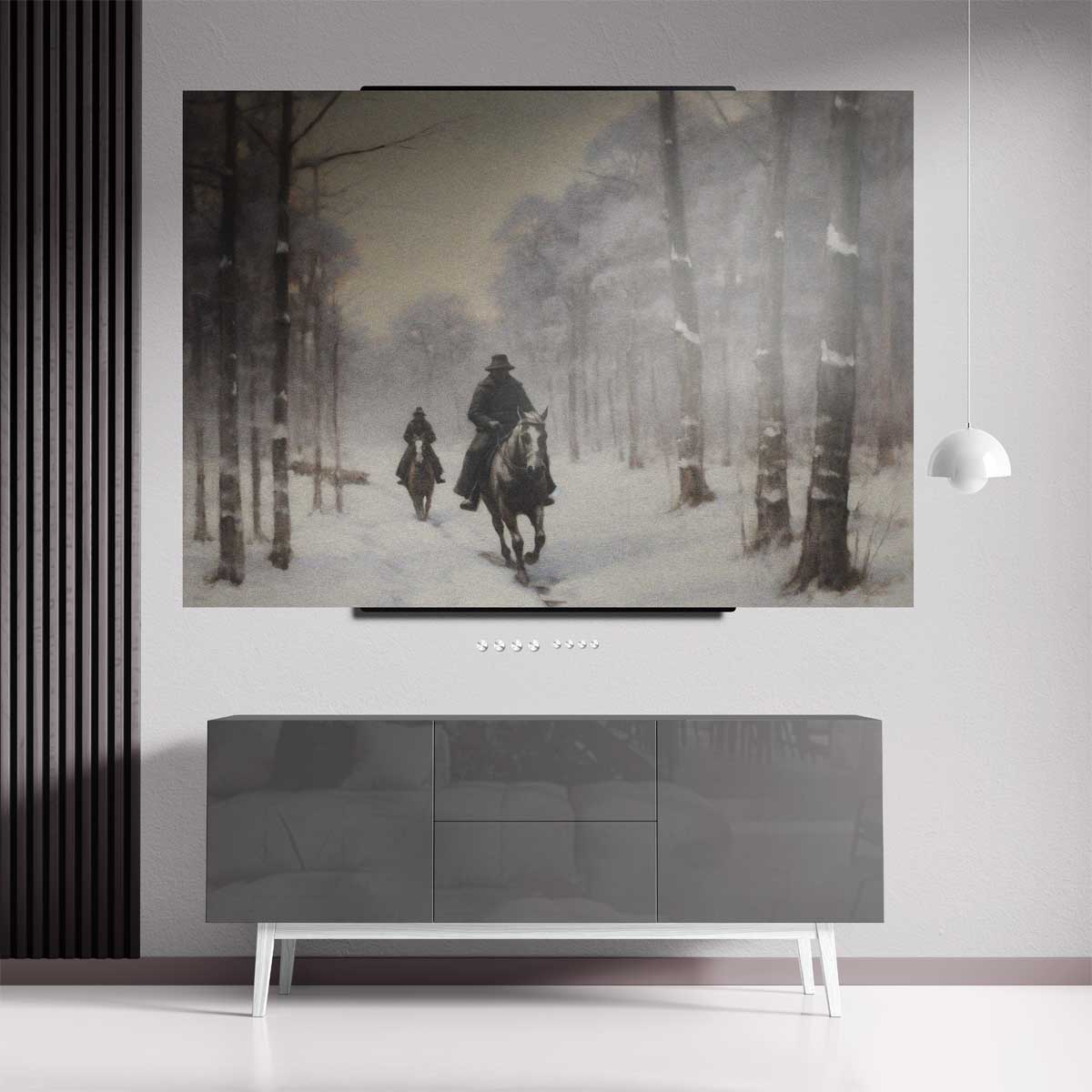 Winterse Ruiters in het Bos Kunstwerk-canvas-dibond-plexiglas-wanddecoratie-WallArtistic