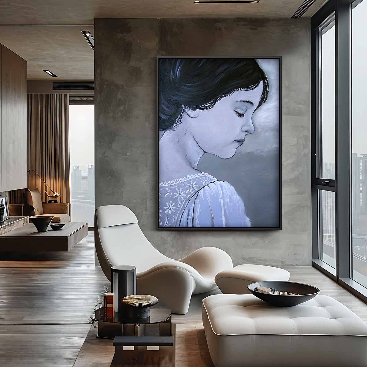 Dromerig Meisje in Grijstinten Kunstwerk-canvas-dibond-plexiglas-wanddecoratie-WallArtistic