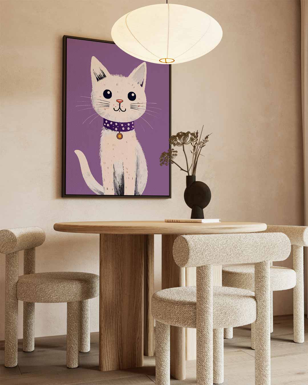 Vrolijke Kat op Paarse Achtergrond Kunstwerk-canvas-dibond-plexiglas-wanddecoratie-WallArtistic