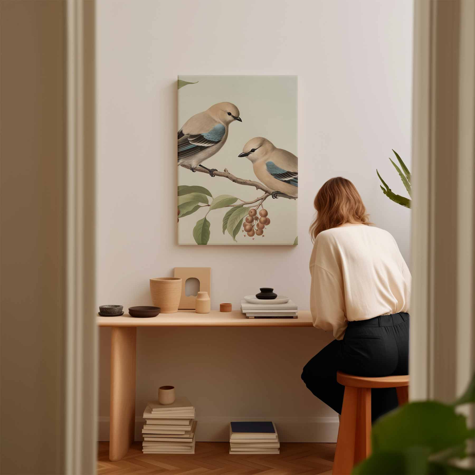 Twee Vogelvriendjes op een Tak Kunstwerk-canvas-dibond-plexiglas-wanddecoratie-WallArtistic