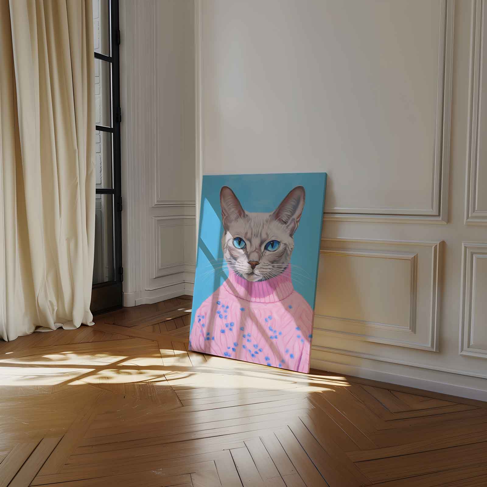 Kat in Roze Trui Portret Kunstwerk-canvas-dibond-plexiglas-wanddecoratie-WallArtistic