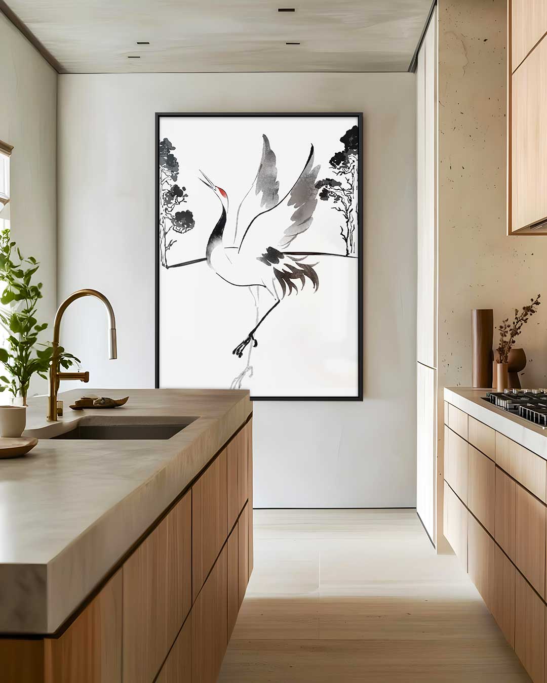 Dansende Kraanvogel in Inkt Kunstwerk-canvas-dibond-plexiglas-wanddecoratie-WallArtistic