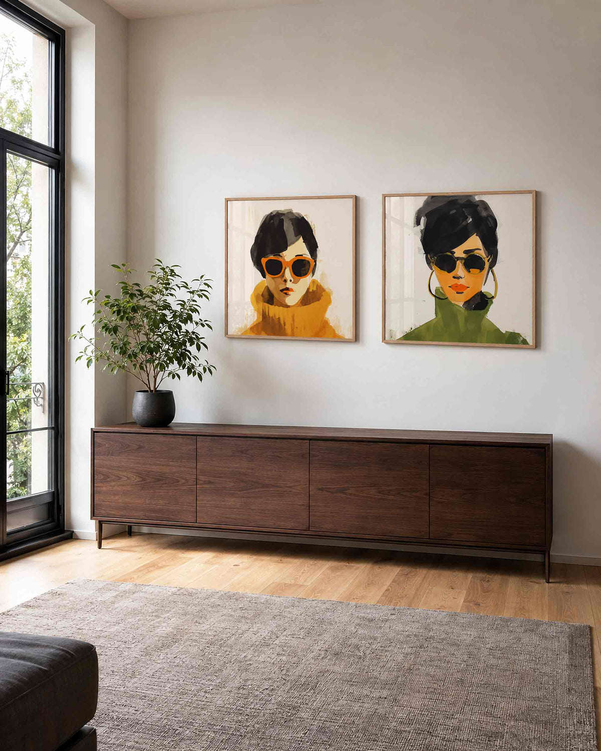 Interieurpresentatie van een tweedelige vierkante posterset met portretten met zonnebril