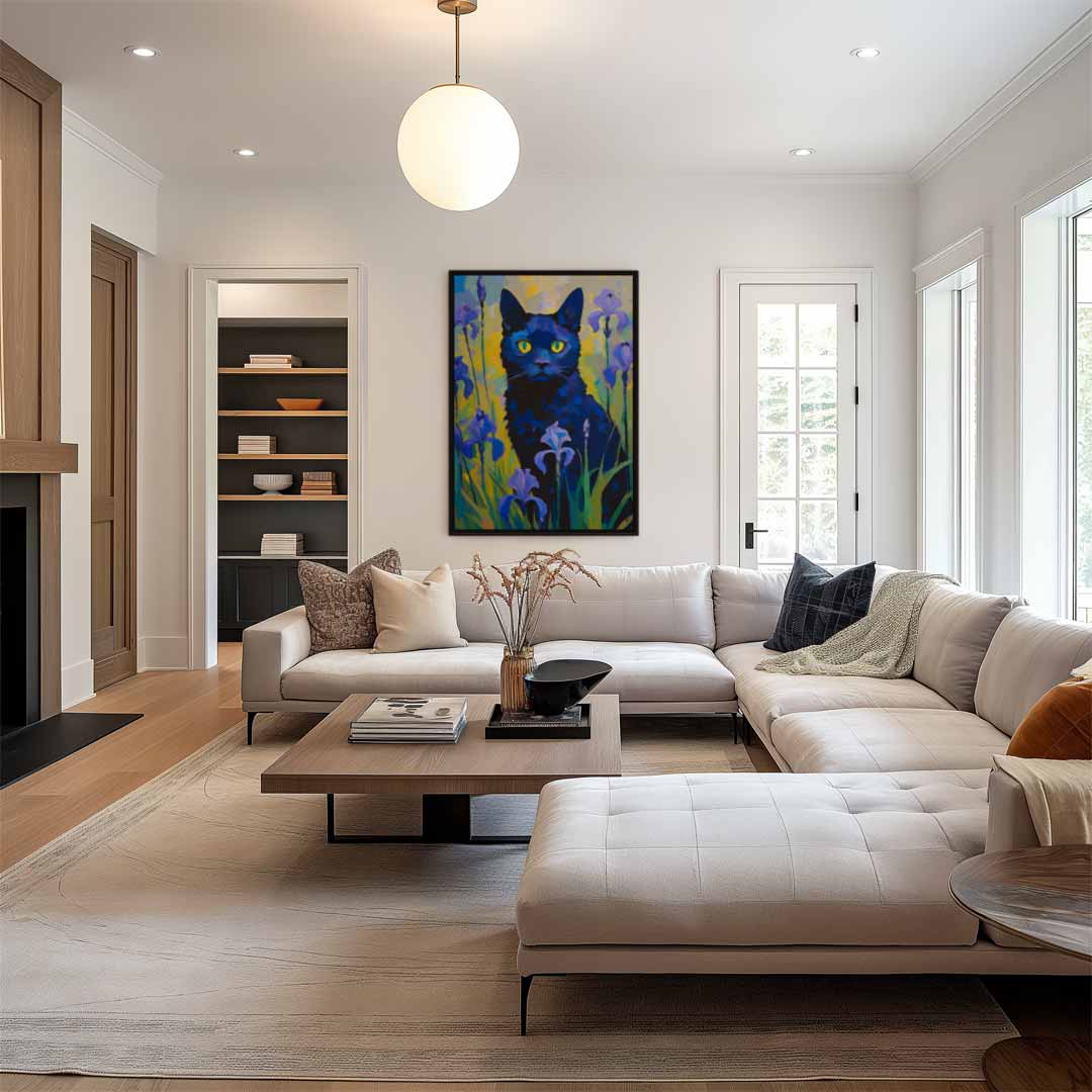 Kat Tussen de Irissen Kunstwerk-canvas-dibond-plexiglas-wanddecoratie-WallArtistic